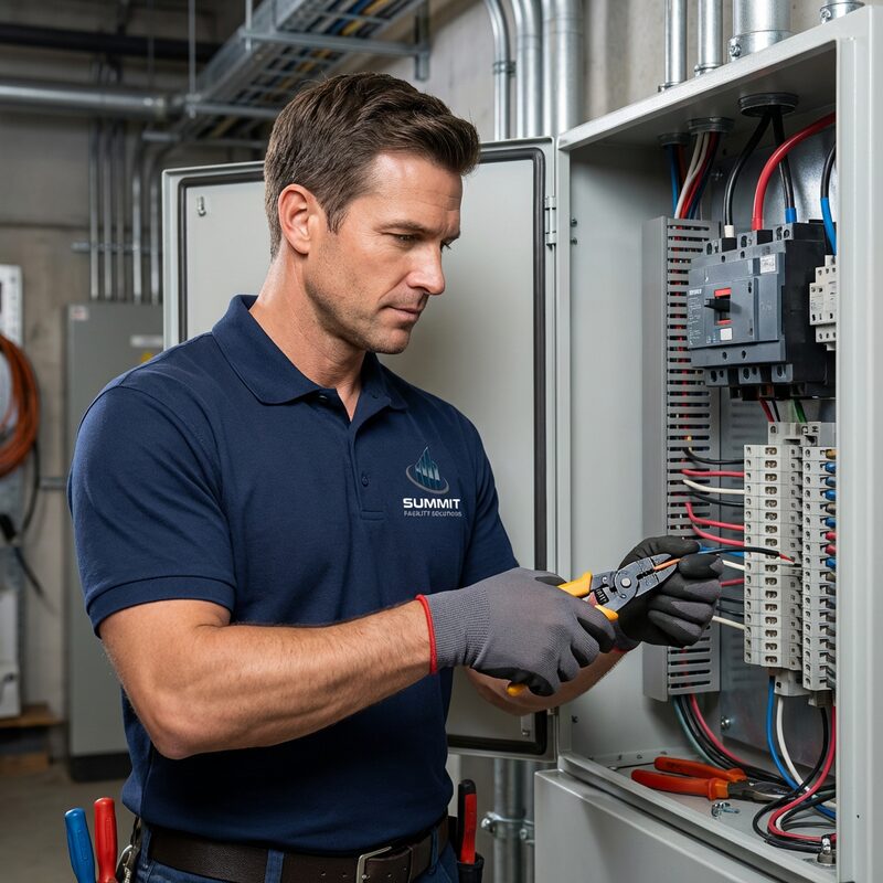 Summit Facility Solutions licensed electrician performing commercial electrical maintenance